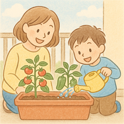親子で野菜を育てる場面
