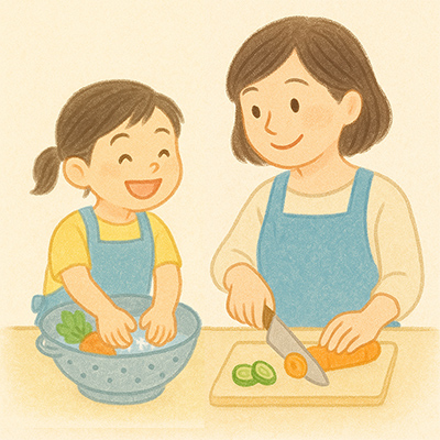 親子で料理する楽しそうな場面
