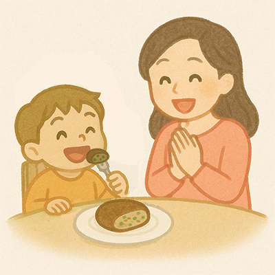 苦手野菜が食べられて喜んでいる子供と親