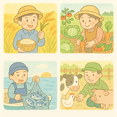 農家さん（野菜）・漁師さん（魚）・畜産農家さん（肉）・お米農家さん