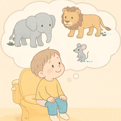 動物のことを想像しながらトイレに座る子ども