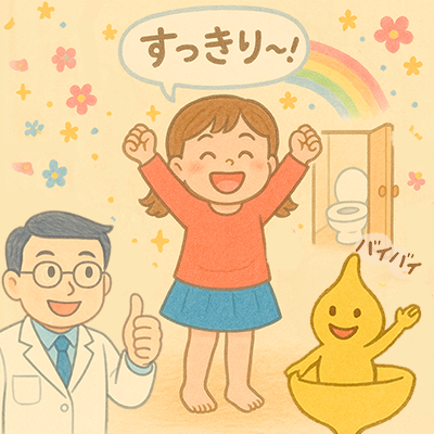 すっきりした膀胱と喜んでいる様子
